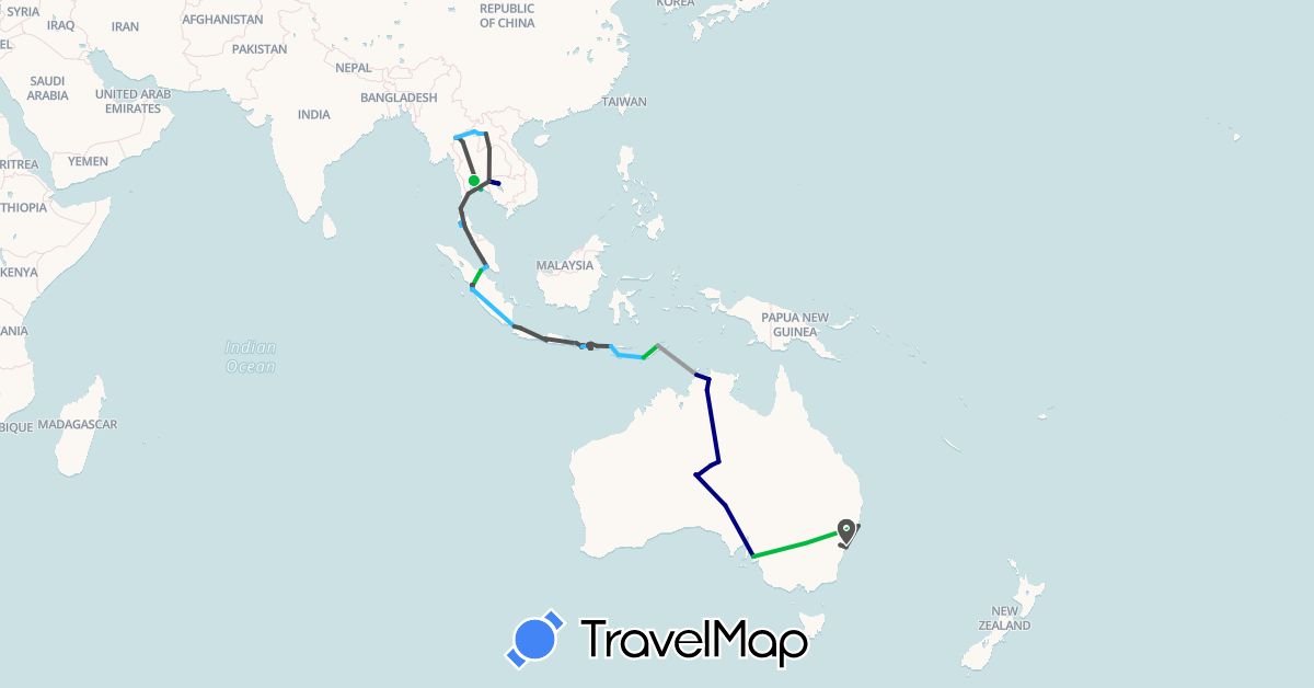 TravelMap itinerary: driving, bus, plane, boat, motorbike in Australia, Indonesia, Cambodia, Laos, Malaysia, Thailand, East Timor (Asia, Oceania)